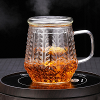 錘目紋三件式泡茶杯男茶水分離過濾內(nèi)膽玻璃杯辦公室?guī)w麥穗杯
